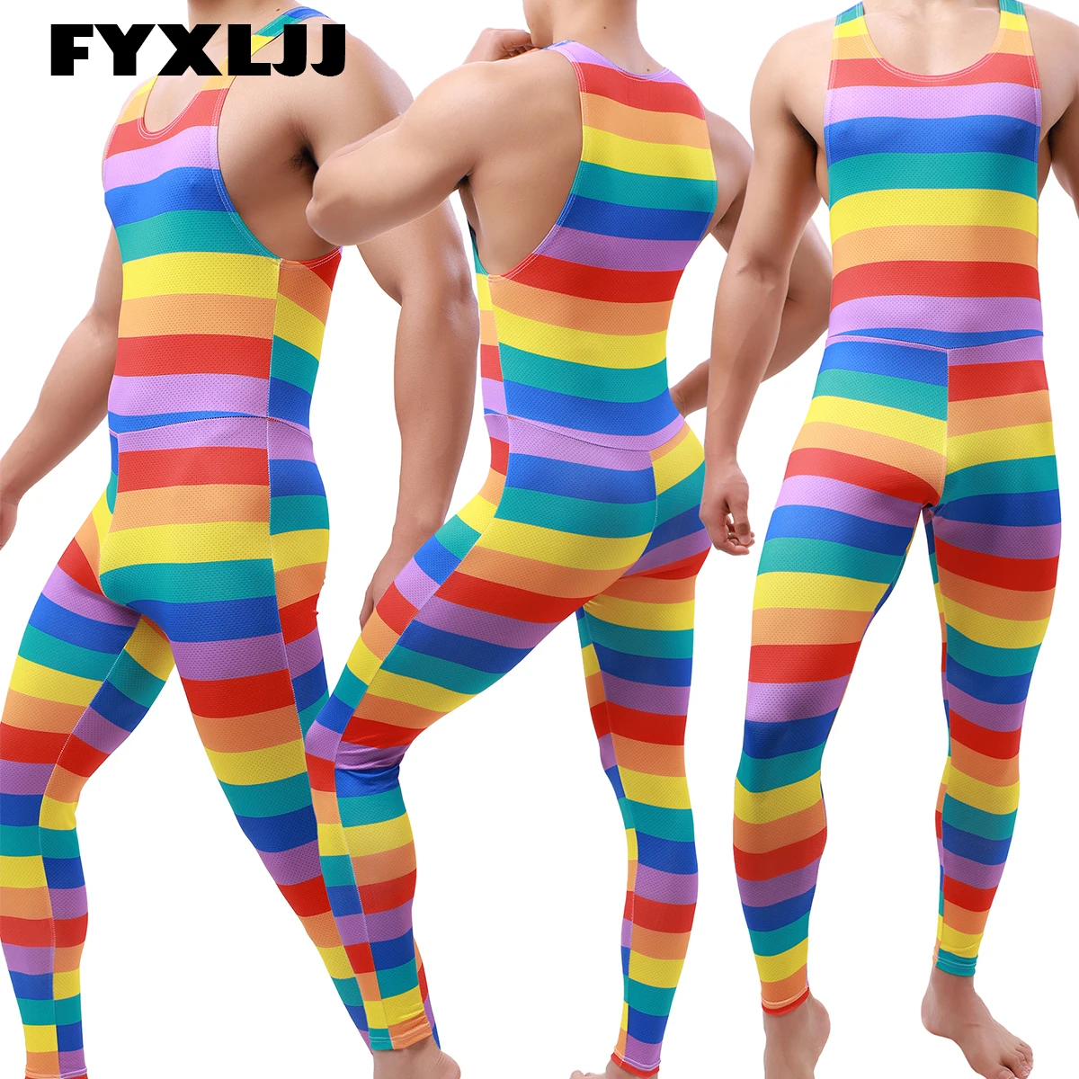 FYXLJJ Sexy Rainbow Print Bodysuits Mens One Piece Wrestling Singlet Bodysuit Male Erotic Lingerie Legging Jumpsuit Men's Pajama