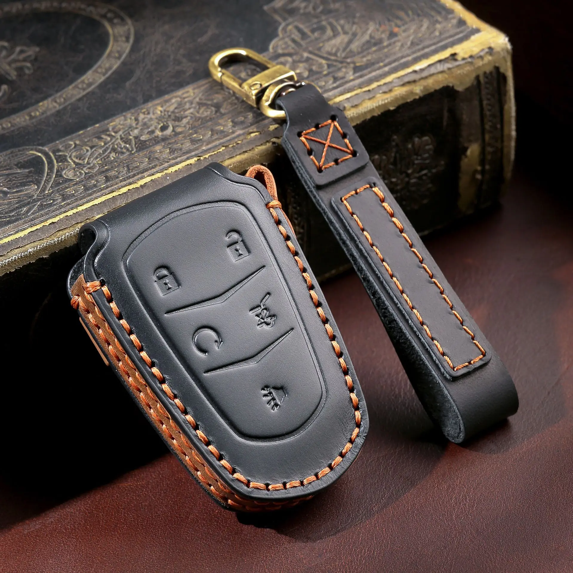 

4 5 Button Genuine Leather Car Key Cover Case Fob Keyring Shell for Cadillac ATS CT6 CTS DTS XT5 Escalade ESV SRX STS XTS ELR