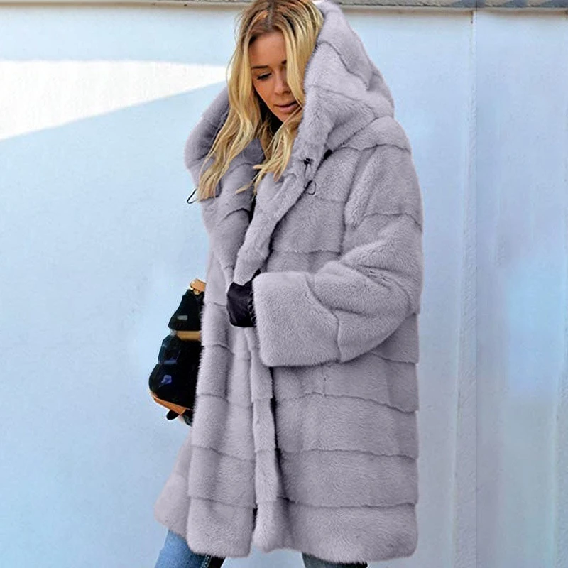 Med Long Solid Loose Large Size 10XL Warm Hooded Coat Imitation Faux Fur Coat Autumn and Winter Fashion Chamarras Para Mujer