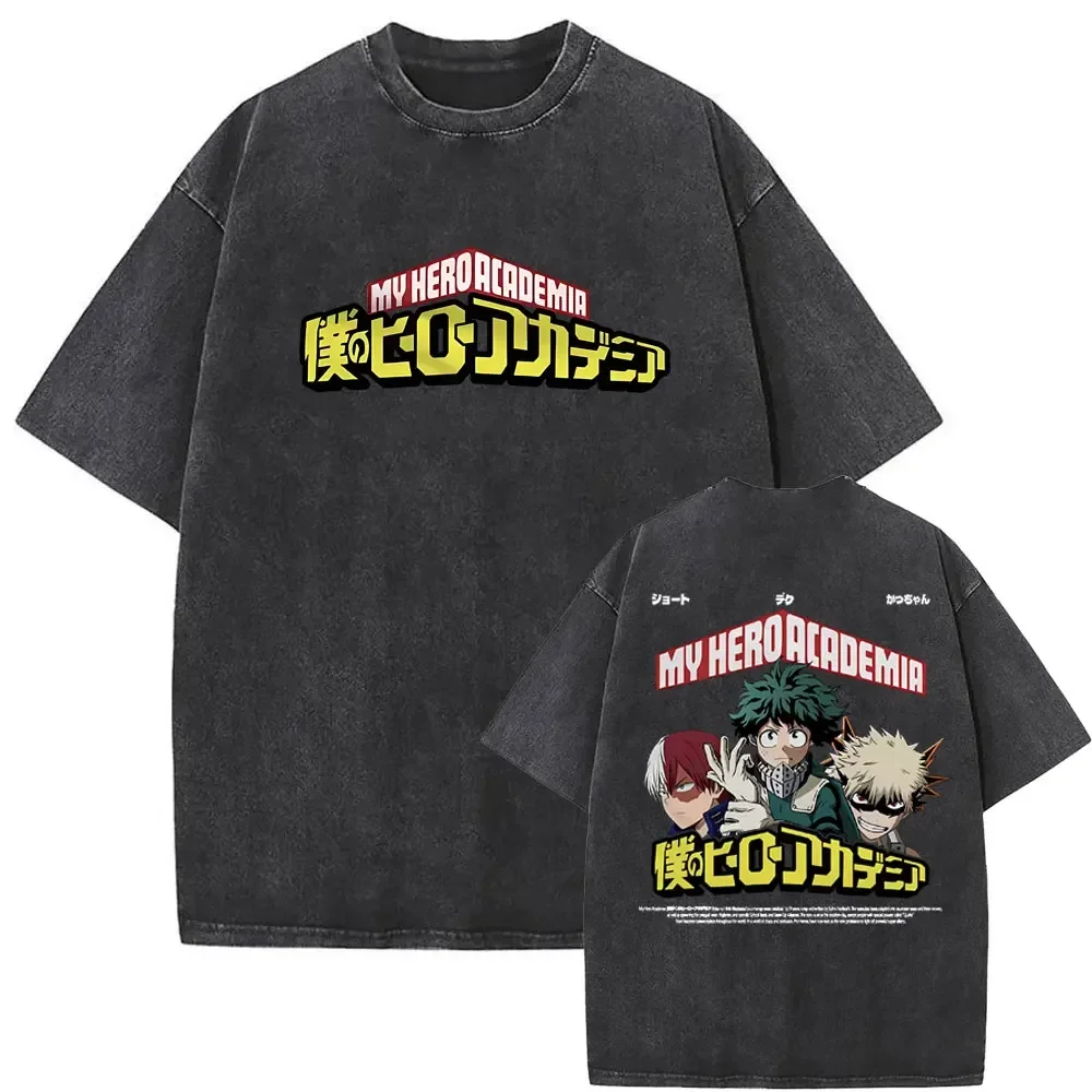 

Washed Vintage Anime My Hero Academia Midoriya Izuku Bakugou Katsuki Todoroki Shoto Graphic Print Tshirt Manga Men Short Sleeve