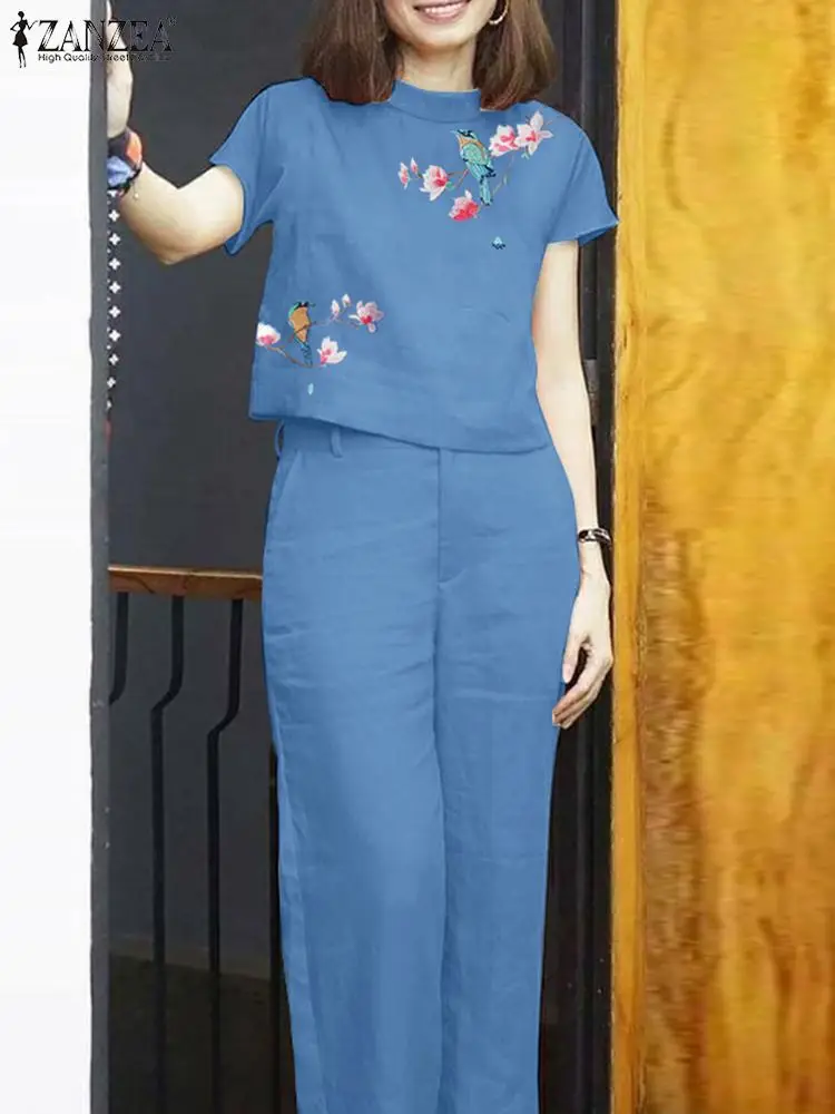 Костюм ZANZEA с цветочной вышивкой лето 2024 блузка коротким рукавом и
