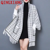 12 color women houndstooth striped poncho faux mink loose shawl outstreet wear coat knitted autumn tassel capes with pocket