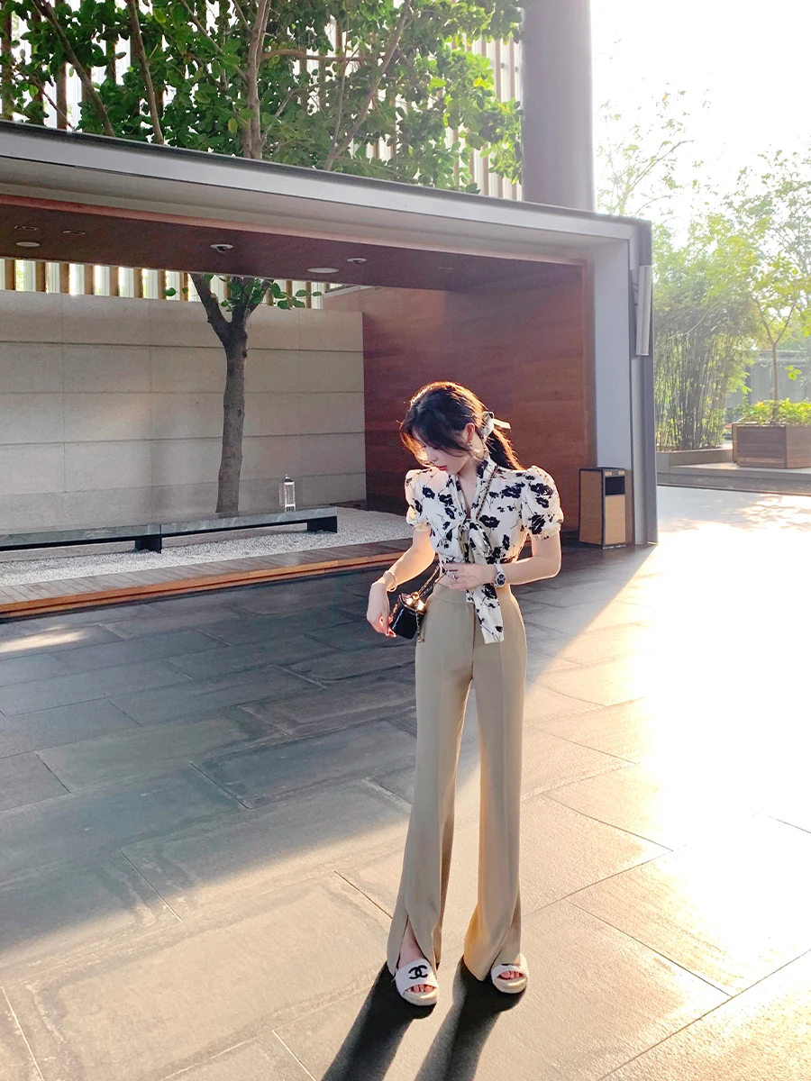 

Summer new mopping pnts lce high wist wide leg pnts women's ll-mtch csul loose stright trousers
