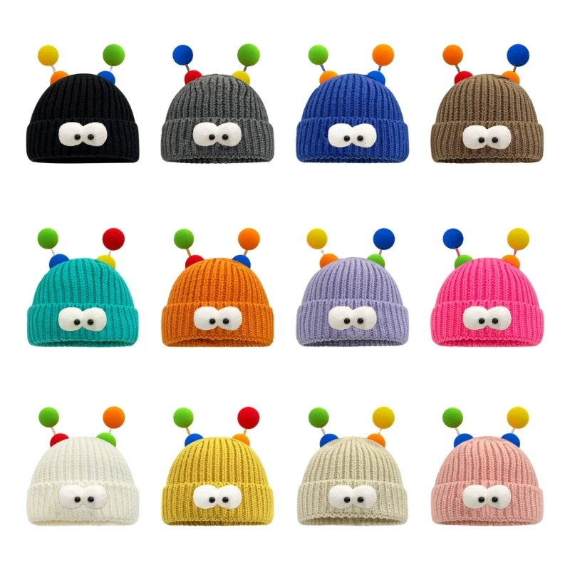 

Knitted Beanie for Students Adult Windproof Winter Hat Handmade Hat with Cartoon Eyes Decor Keep Warm Skiing Cycling Hat