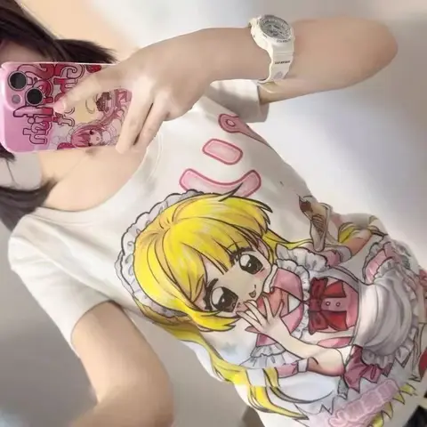 Футболки с аниме в японском стиле Deeptown, женские футболки Harajuku Kawaii с рисунком мультфильмов Y2k 2000-х годов, облегающие футболки Cutecore, эстетические