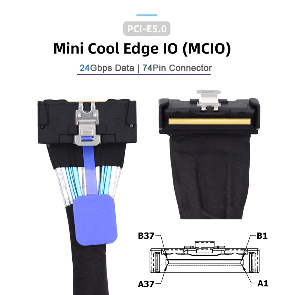 

Jimier 35 см PCI-E 5,0 Mini Cool Edge IO MCIO 74Pin Slimline SAS 8i 74Pin 24 Гбит/с 90-градусный угловой Удлинительный кабель