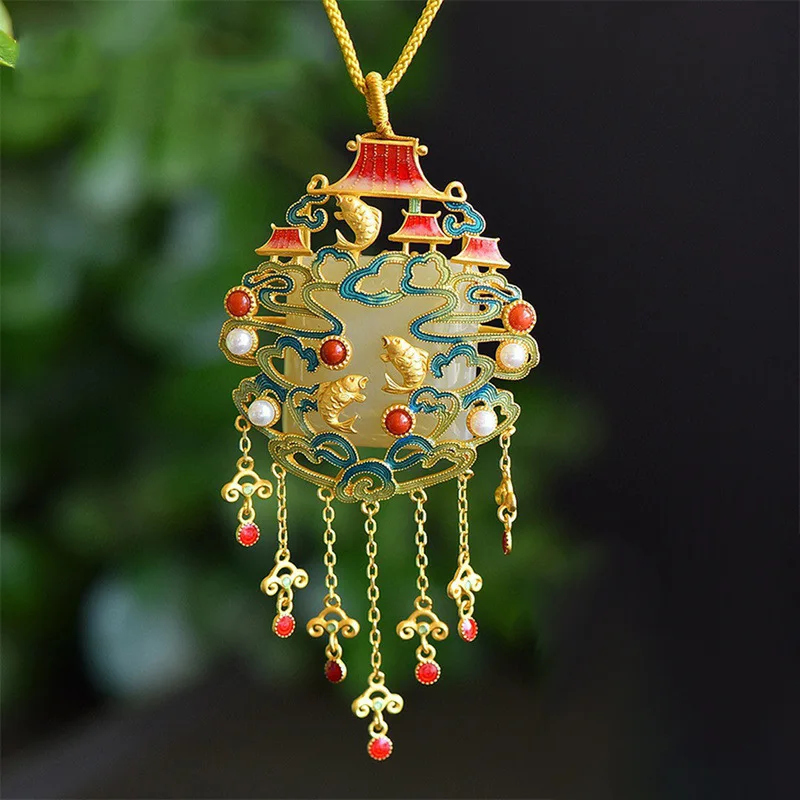 

Natural Hetian Jade Tassel China Retro Palace Style Luxury Unique Ancient Gold Craft Charm Female Silver Jewelry