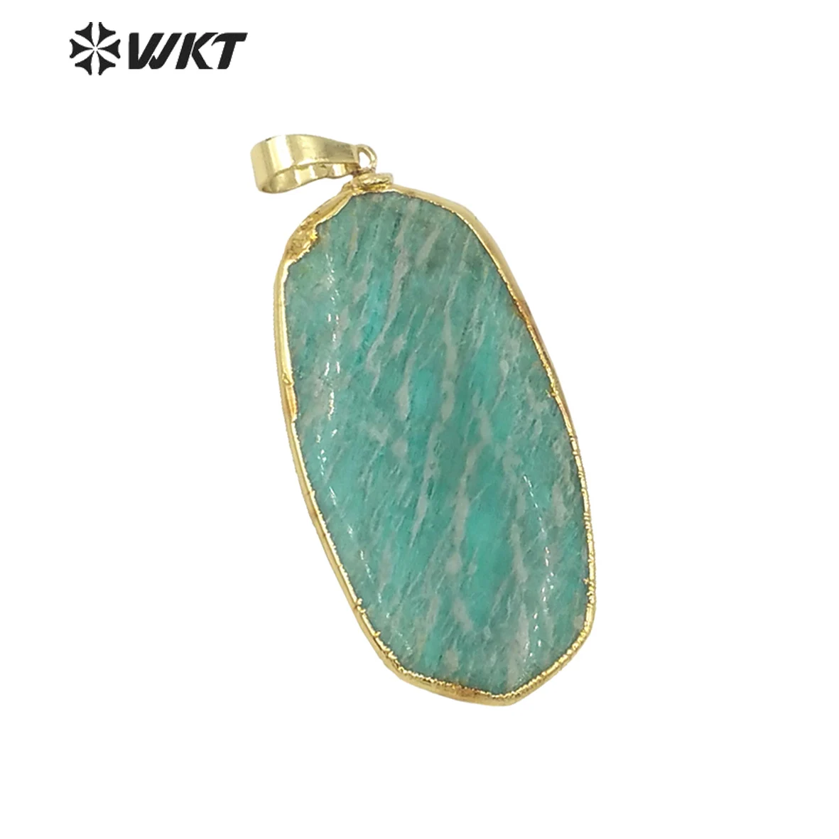 WT-P1192 WKT hurtownia niestandardowy atrakcyjny amazonit kamień sześciokątny ozdobiony złotym wykończeniem naturalny jasnozielony wisiorek dla