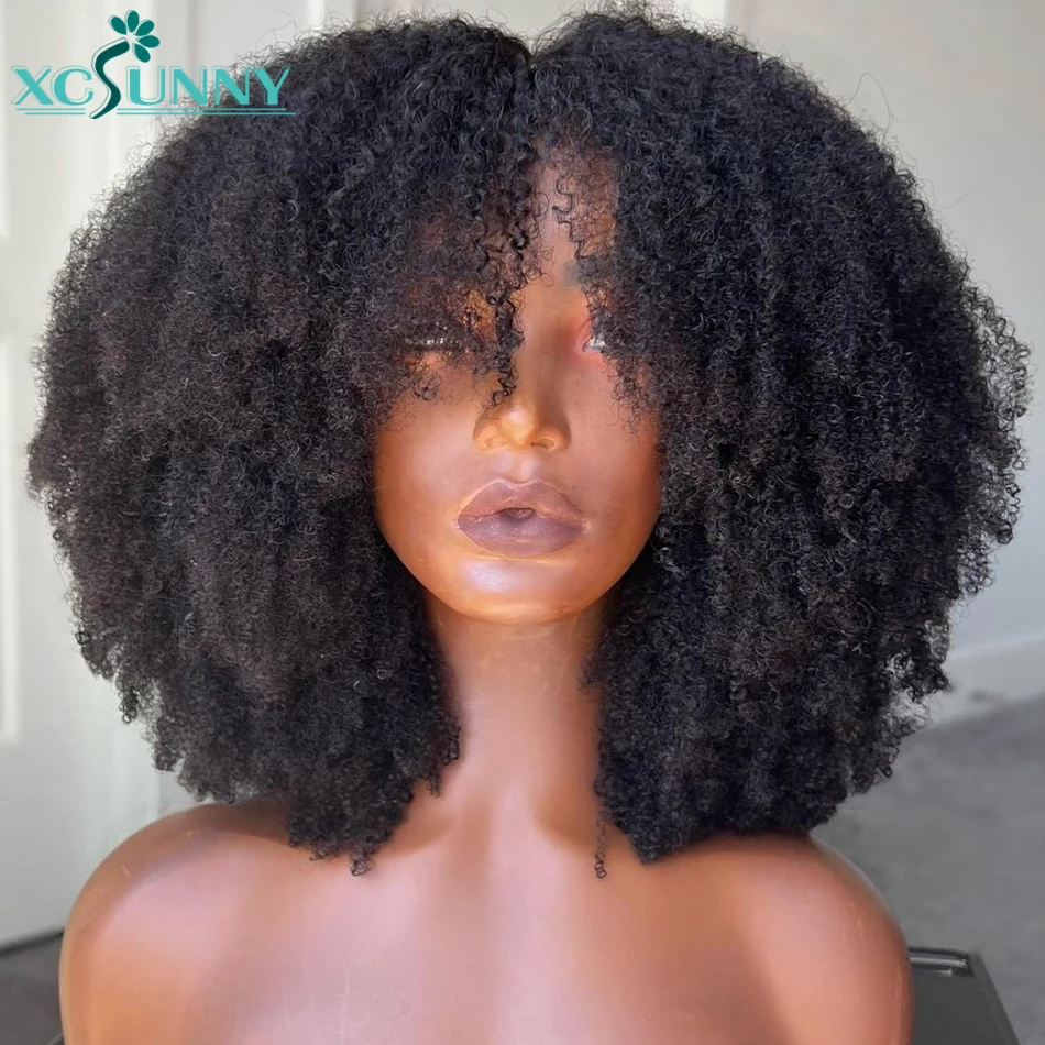 Afro Kinky Curly Bang Wig Human Hair Wigs With Bangs Full Machine Made Scalp Top Wig For Women Remy Brazilian Hair Xcsunny