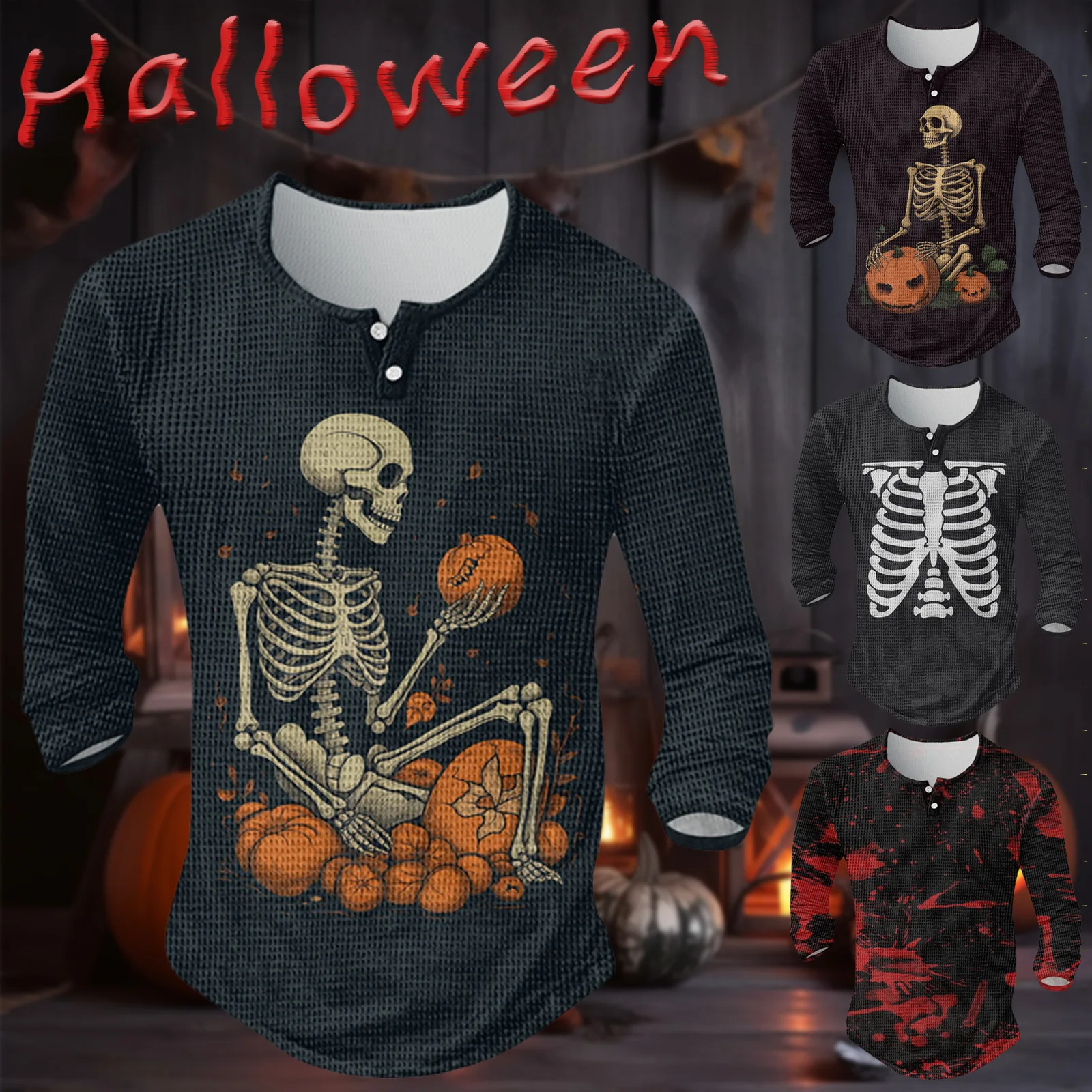

Male Long Sleeve Halloween Print Top Button Plaid Personalized Bottom T Shirt streetwear