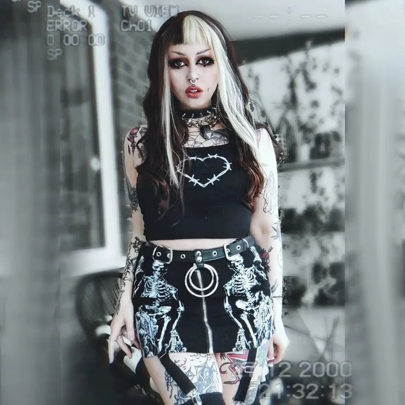 

Женская винтажная мини-юбка Combhasaki Y2K с принтом черепа, с высокой талией, на молнии спереди, Готическая, гранж, Клубная одежда с поясом для чулок
