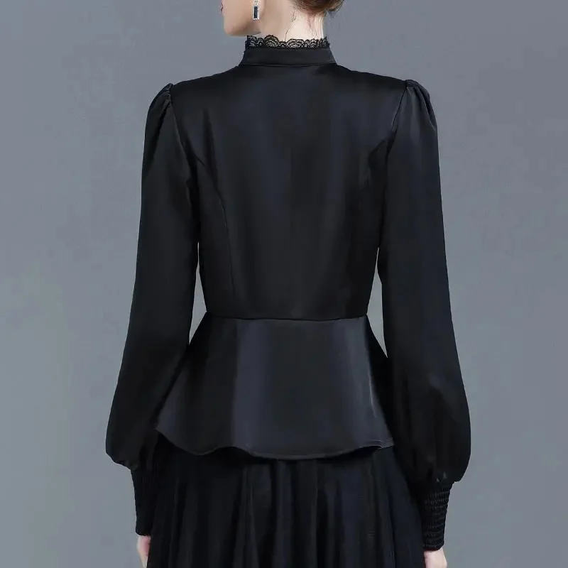 Рубашка Женская атласная с длинным рукавом блузка подвеской в виде листьев