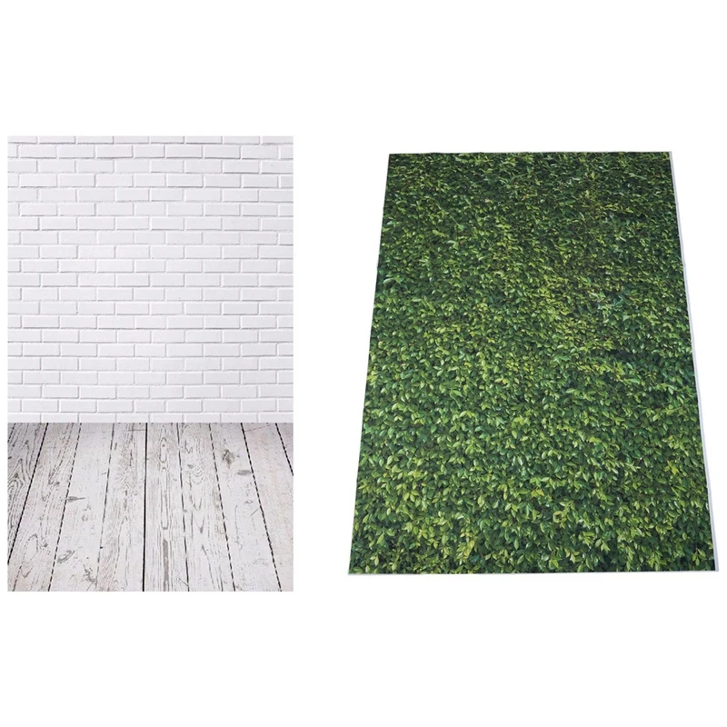 

HTHL-2 Pcs 5X7FT Photography Background: 1Pcs Nature Green Grass Backdrops & 1Pcs White Brick Wall Wood Floor Vinyl Backdrop