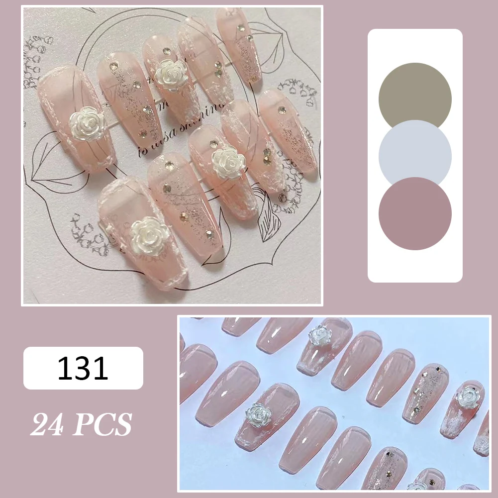 

24PCS Long Press on Nails 3D White Flowers Sweet Style Full Coverage Nails Removable Save Time with Jelly Gel/Glue SAL99