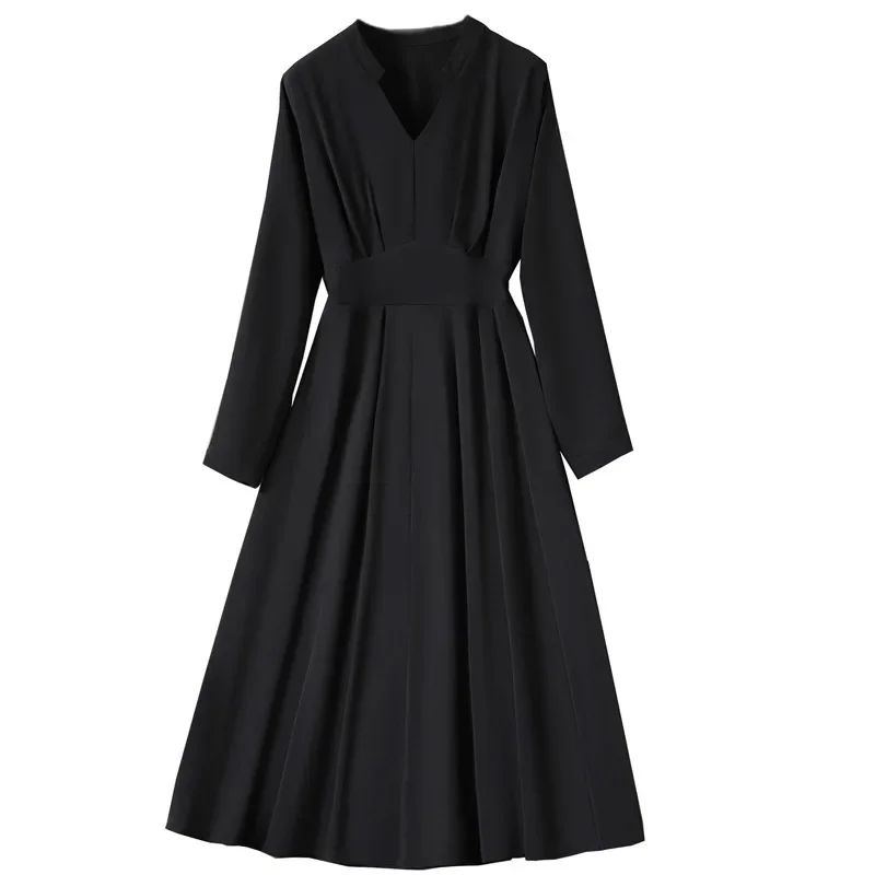 Plus Size QZ035 Women's Clothing V-Neck Dress 2024 Autumn New Style Waist-Fitted Slimming Long Large