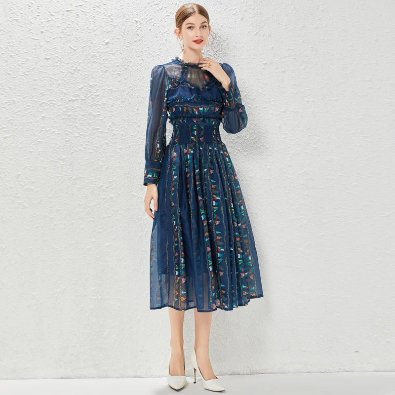 

Женское шифоновое плиссированное платье с длинным рукавом и высокой талией