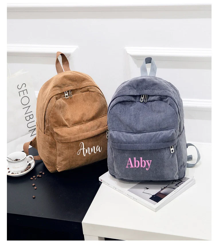 

Personalized Corduroy Black Navy Khaki Gary Student Backpack Embroidered Custom Large Capacity Schoolbag for Student and Adult