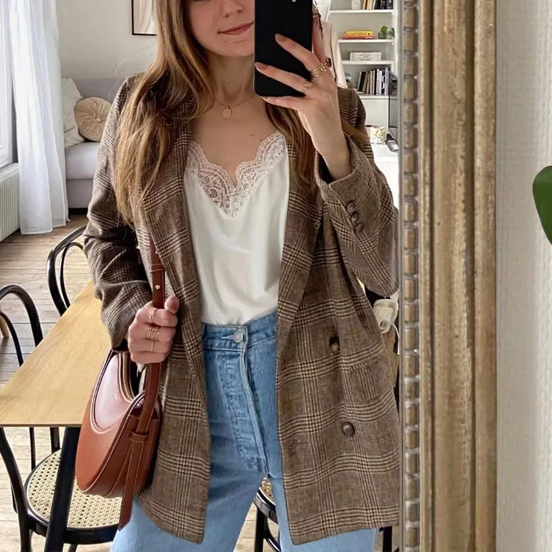 

ZATRHMBM Chic Office Double Breasted Jacket Notched Collar Long Sleeves Vintage Coat Plaid Blazers For Women Elegant Stylish