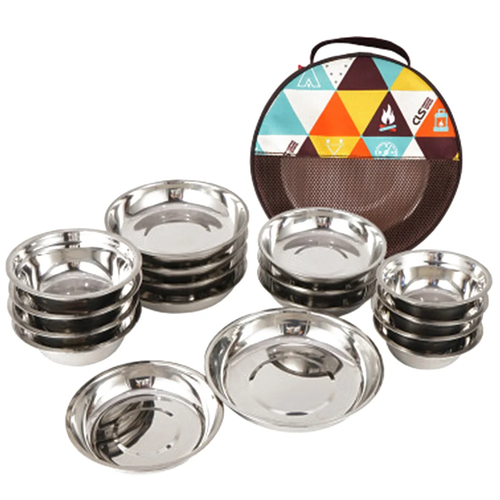 

17pcs Camping Stainless Steel Bowl Plate Utensils Portable Tableware with Storage Bag for Outdoor Travel Soup Noodles Salad