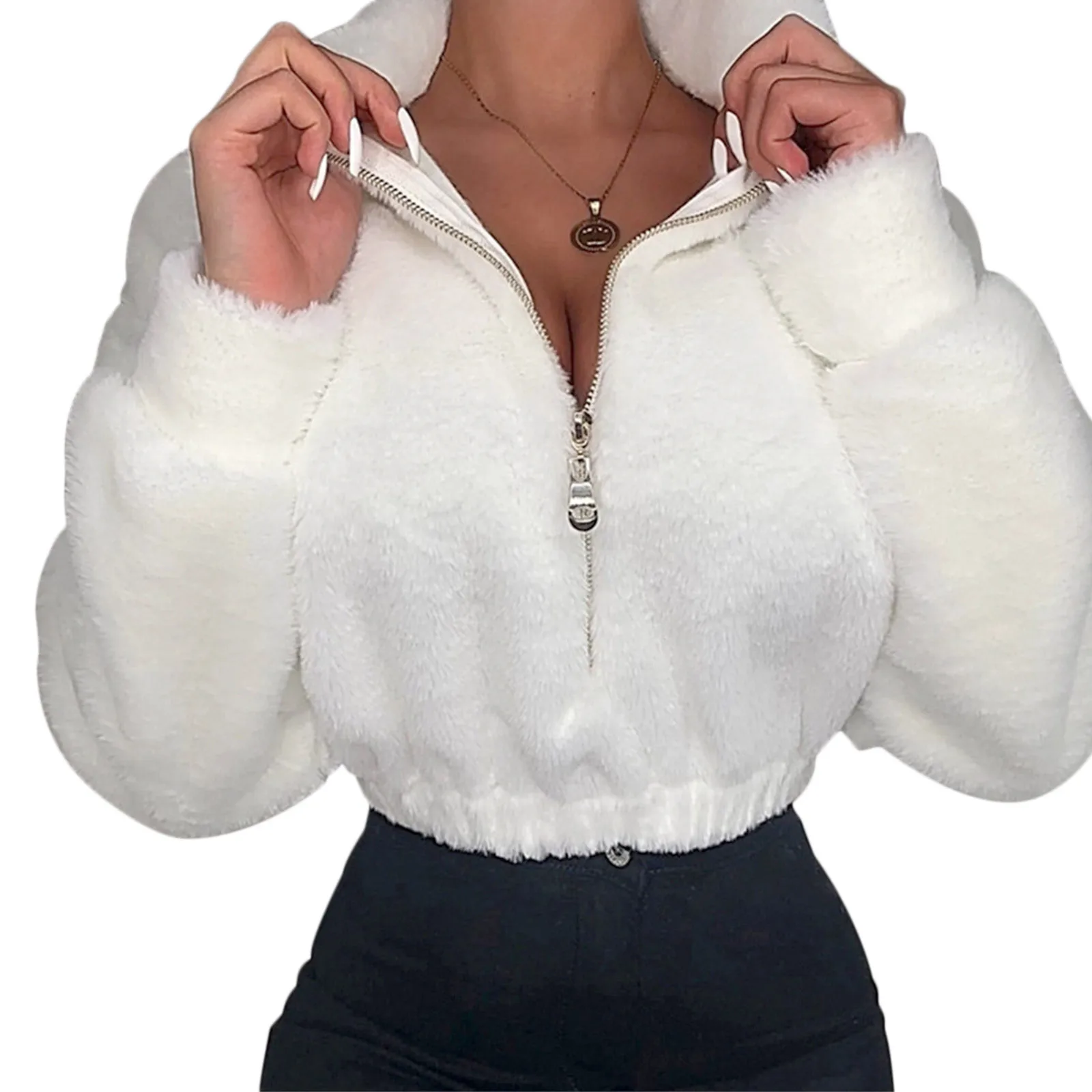 

Women Casual Loose Winter Crop Tops Solid Color Fully Stand-Neck Long Sleeve Zip-Up Pullover Sweatshirt for Girls White