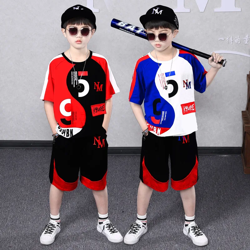 

Summer Boy Clothing Set Cotton T-shirt + Shorts 2Pcs Kids Short Sleeve Suits Casual Letter Patchwork Boys Clothes Tracksuit
