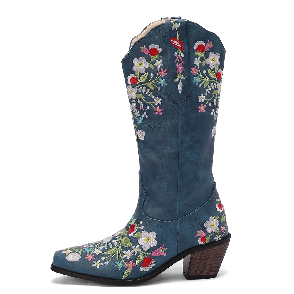 

AOSPHIRAYLIAN Dropship Big Size Top Quality Flowers Embroidery Square Heels Retro Vintage Western Cowgirl Women's Shoes Boots