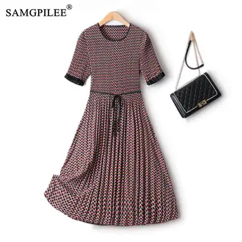 Elegant Dresses For Women 2022 Retro O Neck High Waist Type Over The Knee Contrast Pleated Chiffon Korean Fashion Dress Woman 1
