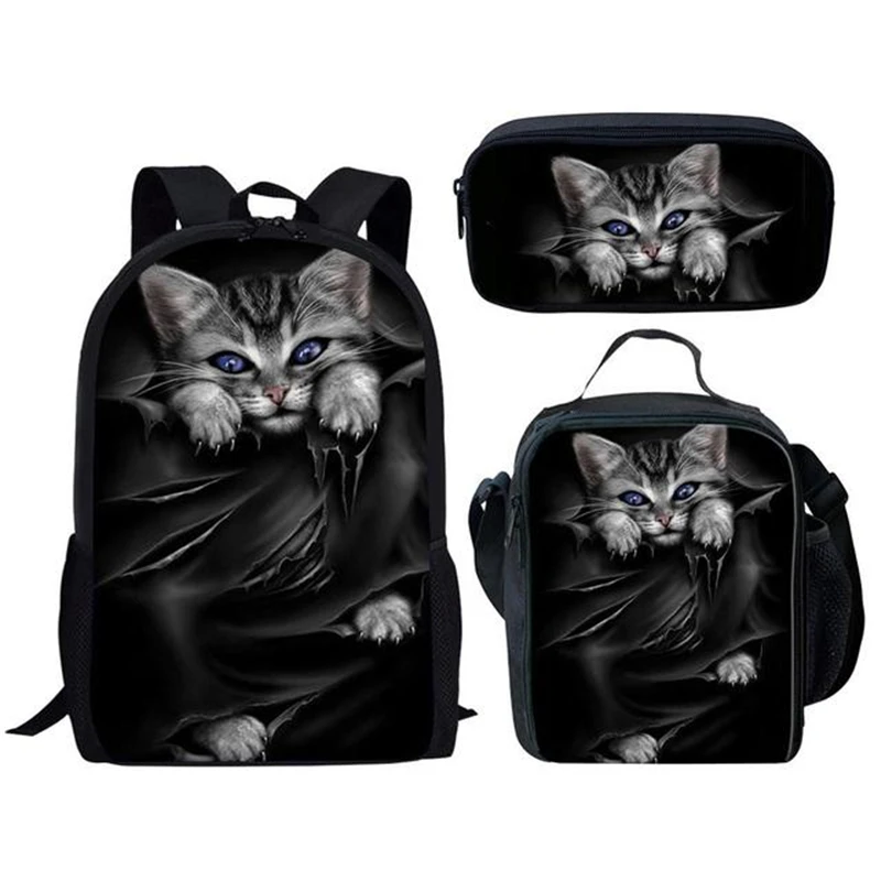 

Harajuku Novelty Funny Kitten Cat 3pcs/Set Backpack 3D Print School Student Bookbag Anime Laptop Daypack Lunch Bag Pencil Case