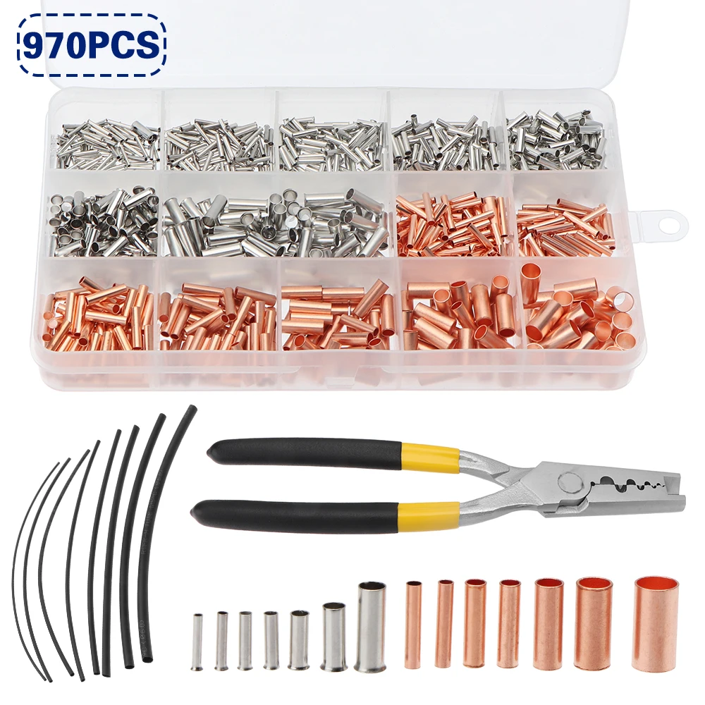 

970pcs/set Copper Pipe Connection Joint Wire Small Copper Pipe Cable Crimp Terminal Lug Bushings Kit with Heat Shrink Tube Plier