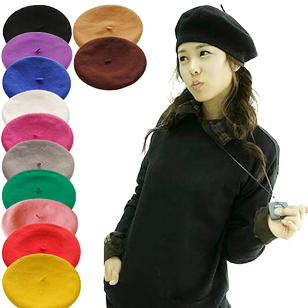 

Women Wool Berets Girl Solid Color Warm Winter Beret French Artist Beanie Hat Ski Cap Autumn French Artist Cap Retro Plain Beret