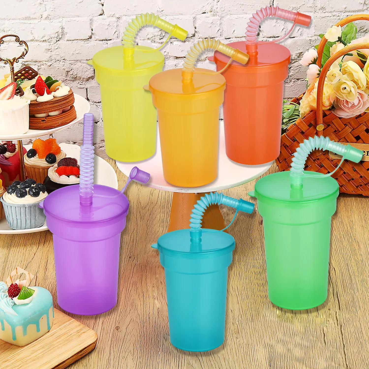 Неоновые цветные чашки для вечеринок — неразливающиеся крышки и соломинки