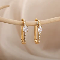 luxury stainless steel geometric earrings for women oval zircon square circle hoop earrings jewelry couple gift bijoux femme