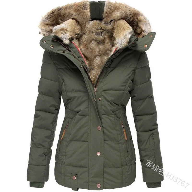 Winter Zipper Fur Collar Medium-long Thicken Hooded Coat Slim Parka Cotton Padded Jacket Overcoat Women Clothing