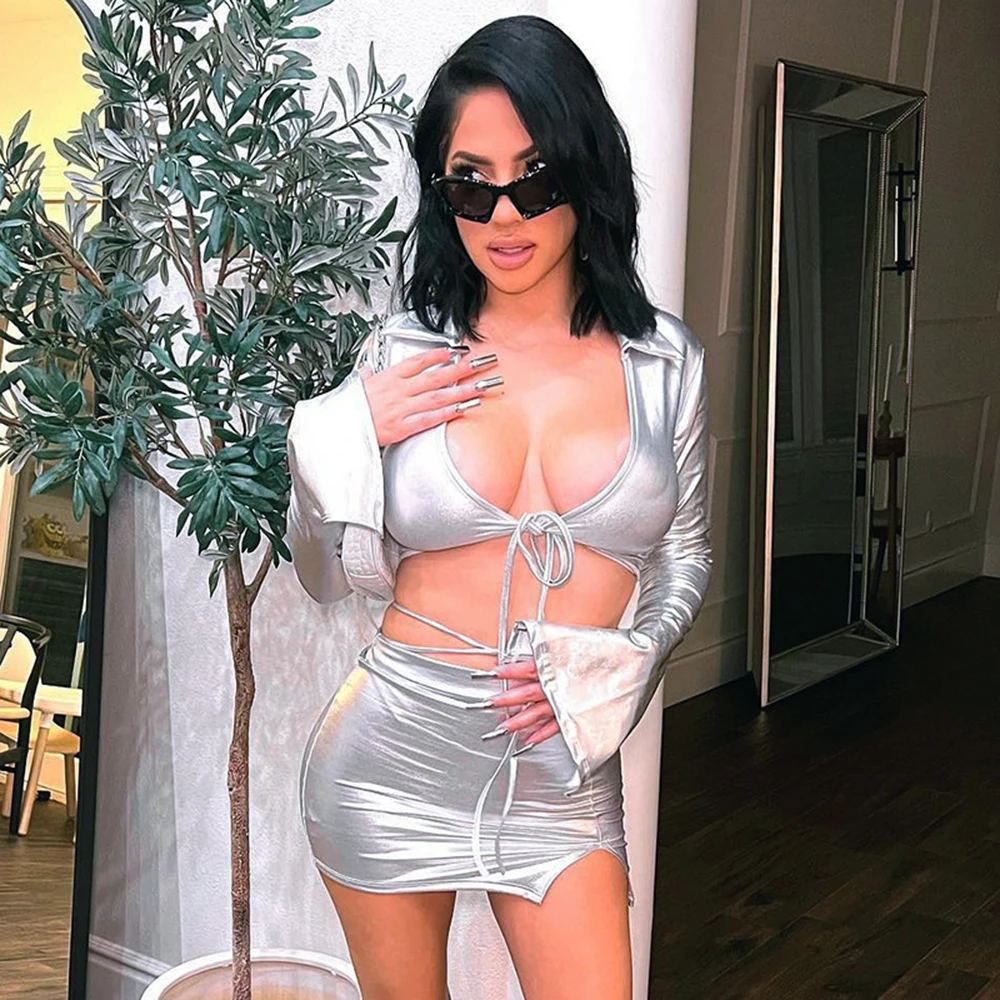 

Sexy Y2K Women 2 Piece Shiny Silver Skirts Suits Long Sleeve Bandage Low-cut Cardigan Shirts Mini Skirts Party Two Piece Outfits