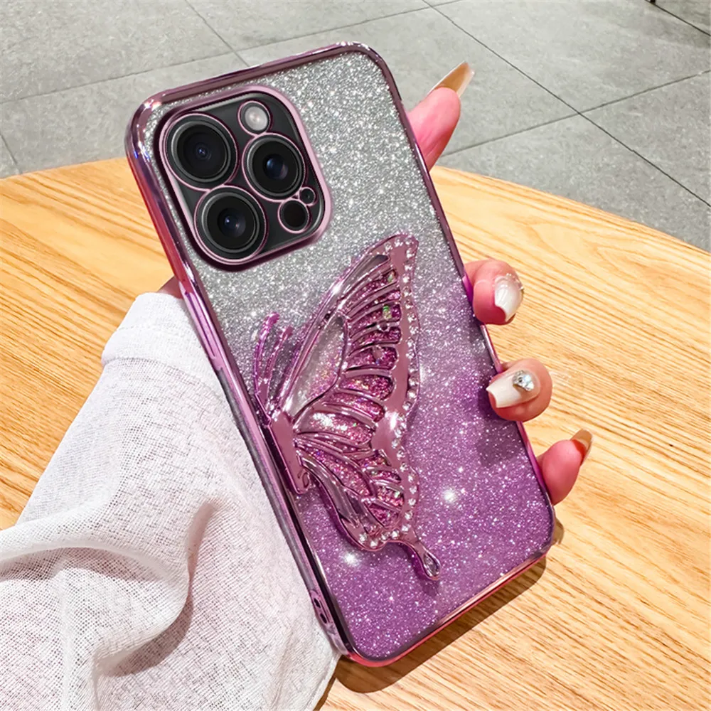 Чехол для телефона с блестками и напылением бабочки iPhone 15 11 12 13 14 Pro Max Mini X XS XR 7 8 Plus