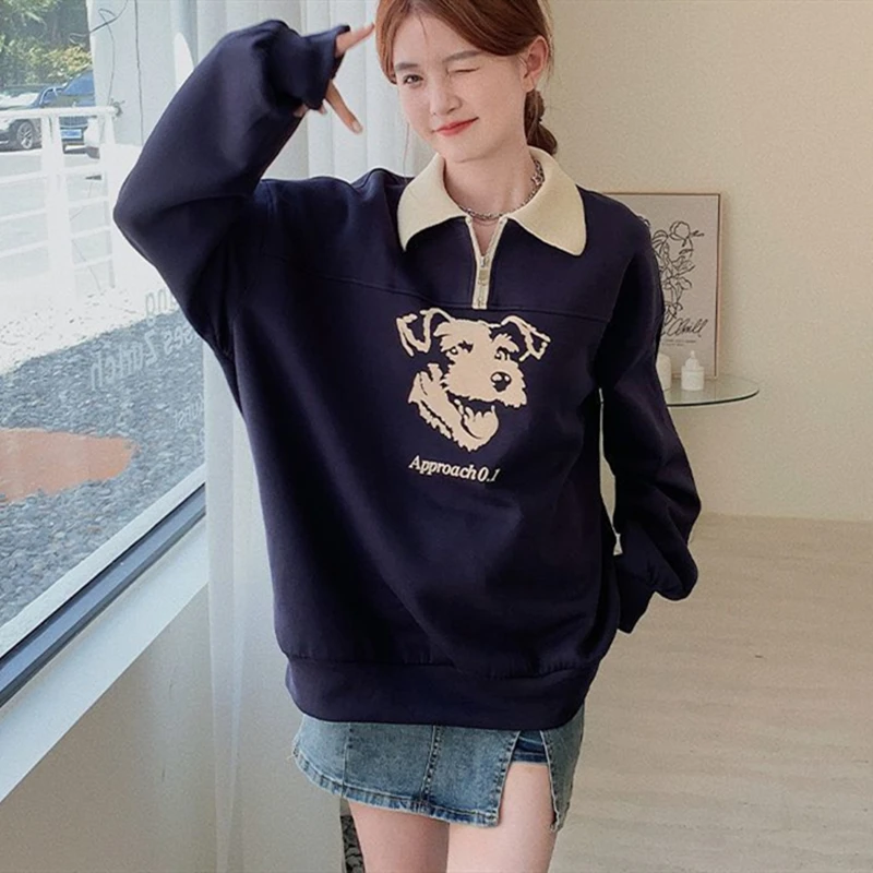 Vintage Cute Dog Head Navy POLO Shirt Oversized Sweatshirt Women Girls Kawaii Clothes Autumn Winter Y2K Top Korean Fashion 2022