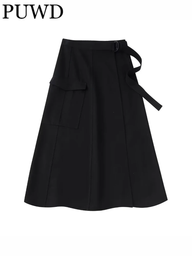 

PUWD Women Fashion With Belt Black Tooling Midi Skirt Vintage High Waist Flap Pocket Female Skirts Mujer