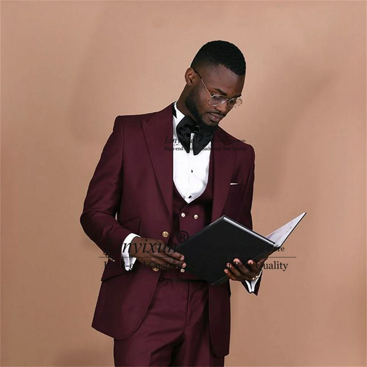

Latest Designs Burgundy Men Suits Slim Fit Groom Wedding Tuxedos 3 Pieces Groomsmen Blazer Sets Business Male Terno Masculino