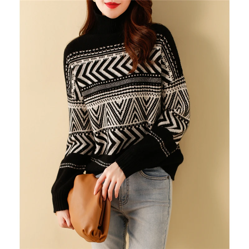 

Трикотажный Свитер Limiguyue с принтом, осенне-зимний мягкий пуловер с высоким воротником, свободный женский элегантный вязаный Джемперы в стил...