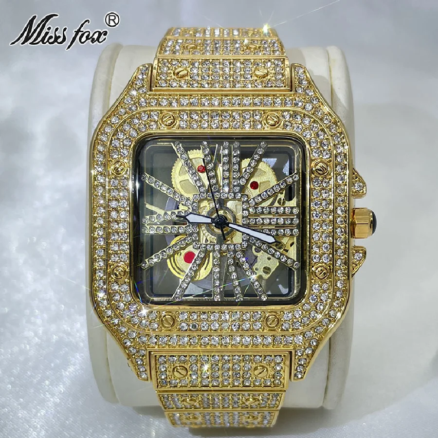 

New Fashion Mens Watch Stainless Steel Quartz Wrist Watches Man free shipping Gold Hip Hop Hollow Out Clocks Moissanite Bling