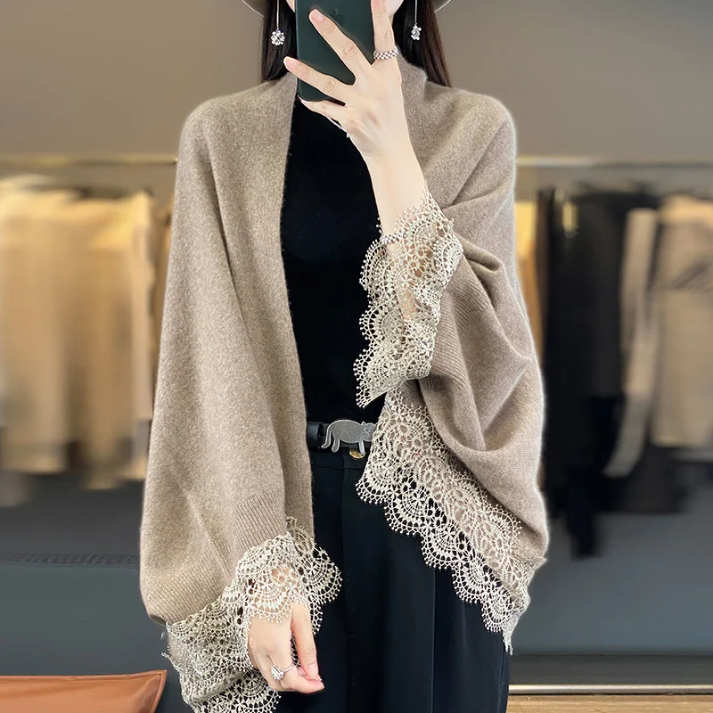 Женский тонкий кардиган из мериносовой шерсти с кружевными краями