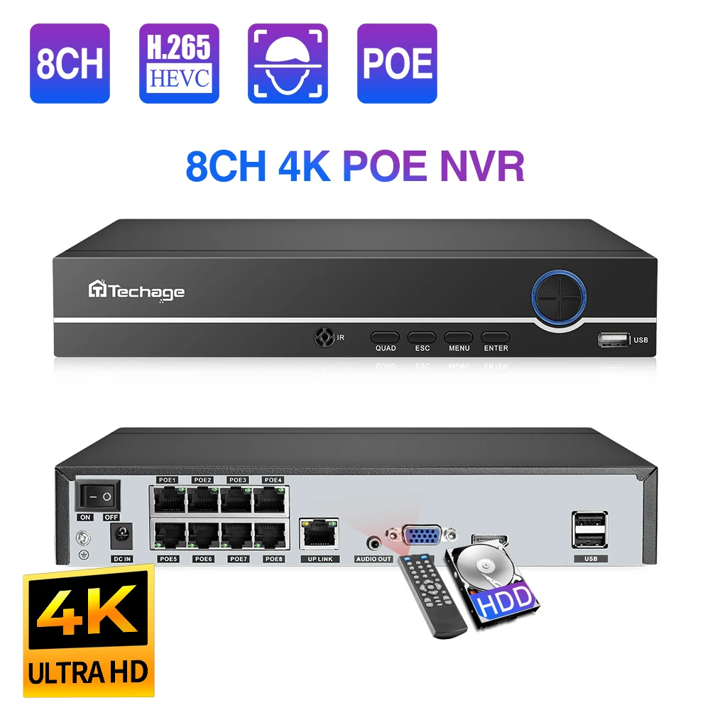 Система видеонаблюдения Techage H.265 8 каналов 5 МП 4 3 Мп 1080P PoE NVR для IP-камеры