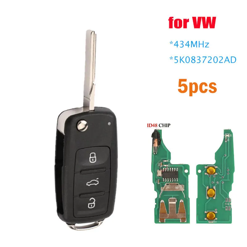 

Car Remote Key 3 Button Remote Flip Key 434MHz ID48 Chip for VW Volkswagen GOLF PASSAT Tiguan Polo Jetta Beetle Car 5K0837202AD