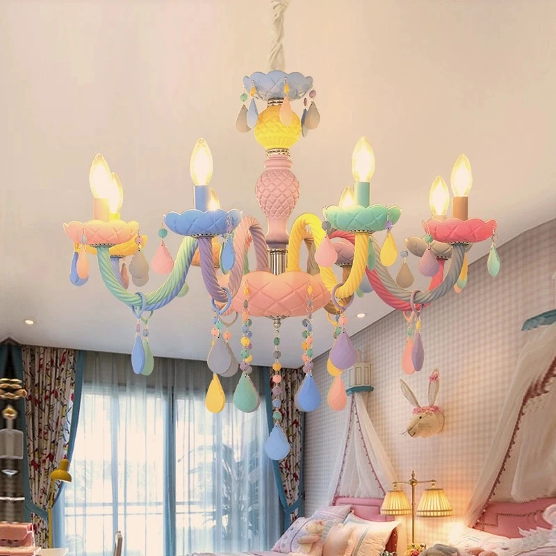 

Macaron Pendant Lamp Rainbow Candle Crystal Chandelier European Children's Room Girls Bedroom Kids Room Princess Room Fixtures