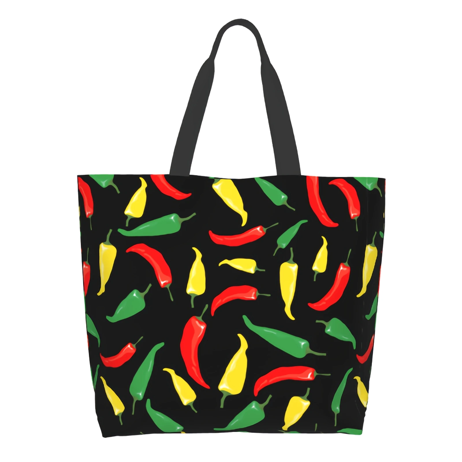 

Цветная многоразовая сумка для покупок с перцем чили, многоразовый тоут, черная Повседневная легкая вместительная сумочка на плечо