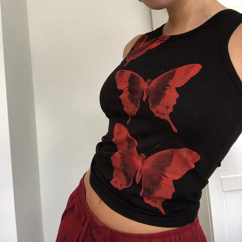 

American Retro Black Butterfly Print Sleeveless Summer Tanks Slim Sexy Crop Tops Tie Dyed Camis Y2k Skinny Women Punk Style