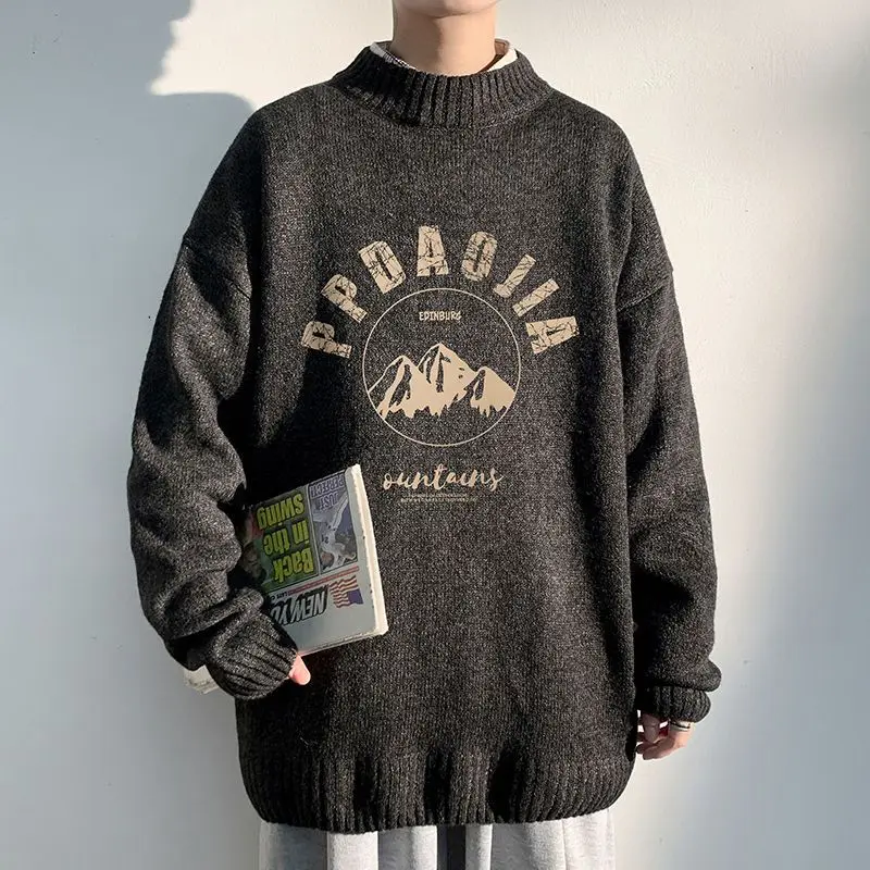 Men's Fashion Sweater Harajuku Letter Snow Mountain Print Round Neck Knitted Coat Spring and Autumn Cardigan Pull Homme