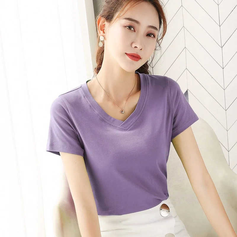 

2022 New Women's Solid Color Slim-fit Simple T-shirt Women's Short-sleeved Solid Color V-neck Pullover T-shirt Bottoming Shirt