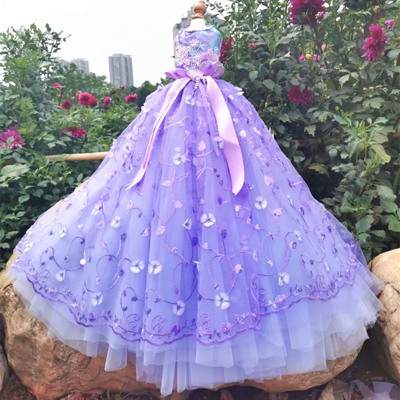 Luxury Handmade Embroidered Flower Purple Long Tail Princess Dress For Small Medium Dog 2022 Pet Dog Clothes Bow Lace Skirts Dog