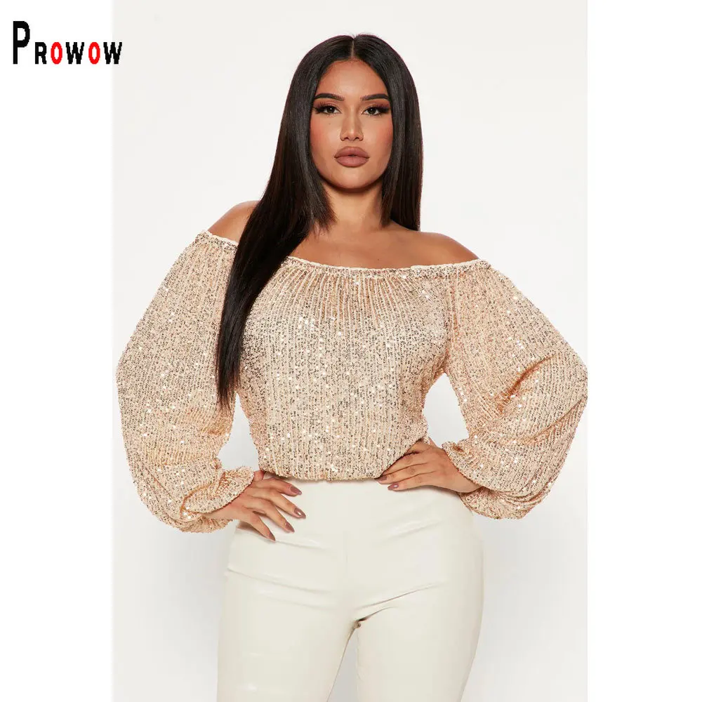 

Prowow Fashion Sequined Women Shirts Lantern Sleeve Spring Fall Cropped Tops Solid Color Shoulderless Female Pullover Blouses